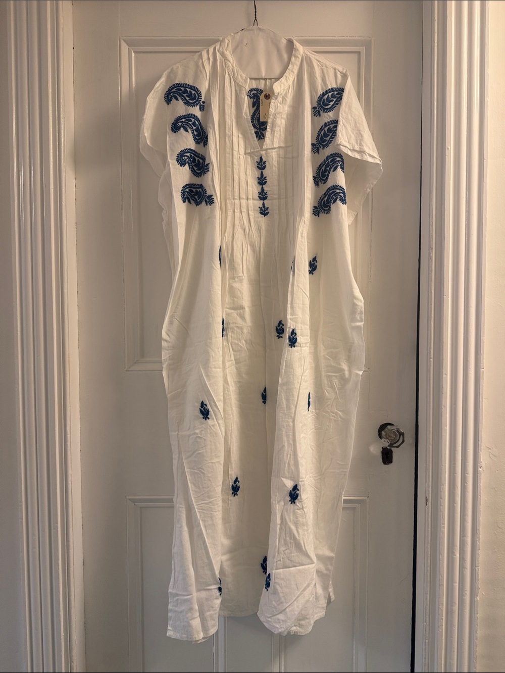 Sevya White Embroidered Cotton Maxi tunic with Blue Detail